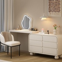 Coiffeuse d'angle de luxe en bois massif style crème avec tiroirs intégrés, miroir éclairé, amovible, moderne, minimaliste et extensible