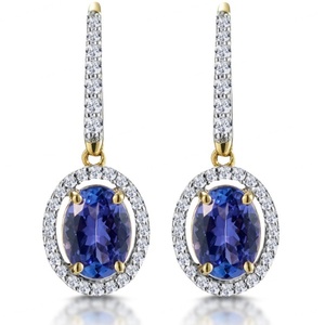 Nouvelles boucles d'oreilles halo en argent sterling 925 avec placage bicolore, boucles d'oreilles pendantes ovales en tanzanite bleue - Product Image 1