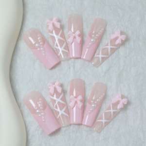 Uñas acrílicas artísticas hechas a mano de alta gama al por mayor, uñas postizas cuadradas de cobertura completa, estilo ballet rosa, diseño pintado a mano, personalizables - Product Image 3