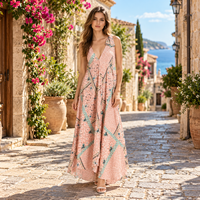 Gaun Maxi Panjang Wanita Motif Bunga Pink Custom OEM, Kerah V Dalam, Ikat Bahu, Tanpa Lengan, Model Bohemian, Untuk Liburan Musim Panas di Pantai