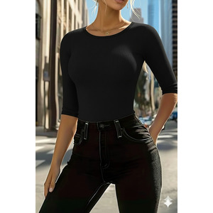 Chemisier noir pour femme à manches capri, col rond, coupe côtelée, style moulant - Product Image 3