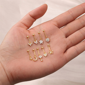 Piercings de cartílago roscados de 16G con parte trasera plana, de Plata de ley S925 chapada en oro de 18K, con diseño geométrico de marquesa, circonita, rombo y flecos en forma de corazón - Product Image 2