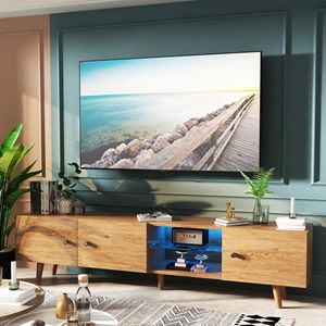 Soporte de <span class=keywords><strong>TV</strong></span> LED de madera <span class=keywords><strong>para</strong></span> <span class=keywords><strong>TV</strong></span> de <span class=keywords><strong>75</strong></span> pulgadas <span class=keywords><strong>Mesa</strong></span> de gabinete de <span class=keywords><strong>TV</strong></span> moderna con gabinete de almacenamiento y estantes abiertos <span class=keywords><strong>para</strong></span> sala de estar - Product Image 2