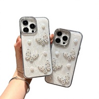 Coque de téléphone antichoc et électroplaquée en TPU rose pailleté avec motif papillon perlé pour iPhone 17 Pro, 15, 14 Pro Max, 13, 12