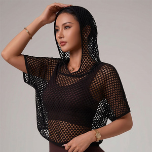 Women Short Sleeve Mesh Hooded Tshirts 92% Polyester 8% Spandex Sports Yoga <strong>See</strong> <strong>Though</strong> Tshirts Fishnet <strong>Tops</strong> - Product Image 1