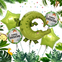Lot de 5 ballons en aluminium en forme d'animaux de dessin animé (crocodile, éléphant, singe, étoile à cinq branches) – Fournitures de décoration pour fête d'anniversaire d'enfants