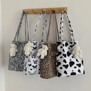 Wanrou Ladies Fashion Ins Stylish Nylon Shoulder Bag Soft Tote Large Capacity Animal Cow Print Canvas Handbag For Shopping