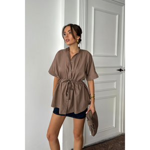 Camisa de Popelina con Detalle de Fruncido en la Cintura, Blusa Marrón para Mujer, Manga Corta, Cierre de Botones, Talla S - Product Image 2