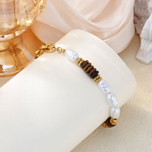 High Quality 316L Stainless Steel 14k 18k Gold Plated Fashion <b>Bracelets</b> & Bangles Tiger Eye And Pearl <b>Beaded</b> <b>Bracelet</b> for Women - Product Image 3