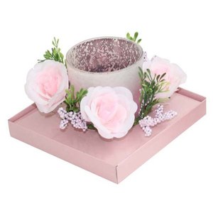 Candela in Vetro Rosa con Fiori, Elegante Decorazione da Tavola per Feste - Product Image 1