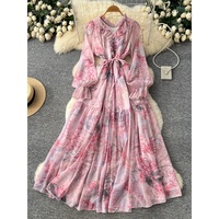 Robe longue décontractée élégante à imprimé floral, col en V, manches longues, coupe trapèze, ceinturée, pour femme, idéale pour les fêtes, les vacances et le quotidien