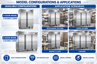 Réfrigérateur vertical commercial à six portes, commande numérique, étagères réglables, réfrigérateur en acier inoxydable pour cuisine d'hôtel