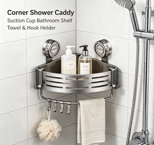 Étagère d'angle triangulaire pour salle de bain, panier de rangement à ventouse, organisateur mural pour savon et shampoing avec crochets - Product Image 5