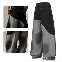 Jean baggy à ourlet incurvé et jambe large, patchwork noir et gris, en denim, pour homme, pantalon streetwear personnalisé