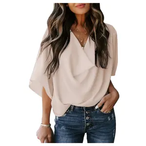 2024 Women's Basic Loose Tunic Tops Short-Sleeved T Shirts with V-Neck Solid Color Batwing Sleeve Casual Tee for Spring/Summer