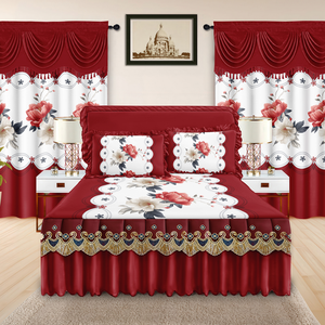 Luxury Lace Bed Skirt 5 Piece Set <strong>Sheet</strong> Set with <strong>Double</strong> Layer <strong>Valance</strong> Jacquard Curtain - Product Image 1