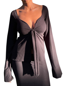 Summer New Arrivals Custom Logo Solid Color Women Sexy <strong>Long</strong> <strong>Sleeve</strong> Deep <strong>V</strong> <strong>Neck</strong> <strong>Top</strong> Casual <strong>Top</strong> for Women - Product Image 4
