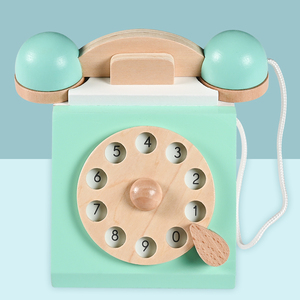 Téléphone en bois cyan, imitation antique, simulateur interactif, jouet éducatif de jeu de rôle pour enfants unisexes de 0 à 13 ans, 12x12x13CM - Product Image 3