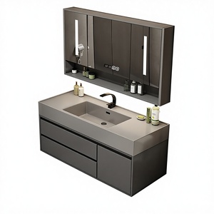 Armoire <span class=keywords><strong>de</strong></span> <span class=keywords><strong>salle</strong></span> <span class=keywords><strong>de</strong></span> <span class=keywords><strong>bain</strong></span> murale intelligente avec lavabo, comptoir en <span class=keywords><strong>bois</strong></span> <span class=keywords><strong>massif</strong></span> multicouche et pierre microcristalline, gris, certifiée CE - Product Image 1