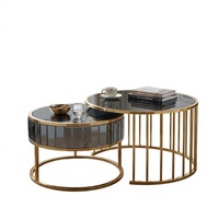 Mesa de Centro de Lujo con Espejo Gris, Diseño Moderno Redondo y Encajable, Marco Dorado, Muebles para Sala de Estar