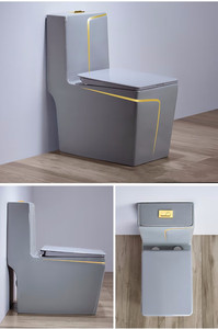 โถสุขภัณฑ์เซรามิกสีเทาแบบประหยัดน้ำ KD-19CTB ผลิตด้วยมือที่เฉาโจว สำหรับตั้งพื้น ใช้ในโรงแรม พร้อมลายเส้นสีทอง - Product Image 2