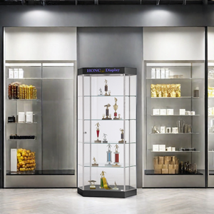 Cao Cấp Lục Giác Tùy Chỉnh Màu Đen Nhôm Hợp Kim Có Thể Điều Chỉnh Kính Kệ Tường Hiển Thị Đồ Nội Thất Với 3 Màu LED Ánh Sáng <span class=keywords><strong>Showcase</strong></span> - Product Image 4