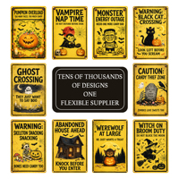 En gros Plaques murales en métal rétro d'Halloween avec trous pré-percés, motifs mignons de dessins animés (citrouille, fantôme, squelette), faciles à accrocher
