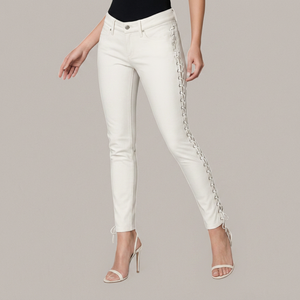 White High Waist Lace Up Ankle-Length <b>Pants</b> With Contrast Stitch <b>Spandex</b> Nylon Four-Way Stretch Straight Leg Style - Product Image 1