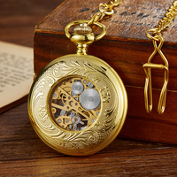 Montre de poche mécanique vintage en bronze doré, à remontage manuel, cadran squelette chiffres romains, avec chaîne de montre, pour homme, Dropshipping