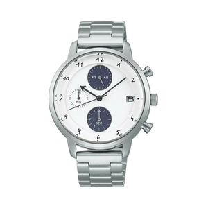 Montre à quartz de style chronographe minimaliste, cadran blanc, sous-cadrans bleu marine, fenêtre de date, bracelet en acier inoxydable argenté, montre-bracelet pour homme - Product Image 1