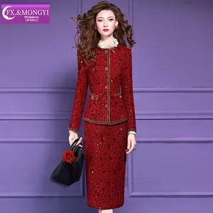 FMY Set Elegante con Paillettes Rosse per Donna, Autunno e Inverno, Stile Ricco e Nobile, Cappotto di Lana, Gonna Aderente, 67152 - Product Image 3