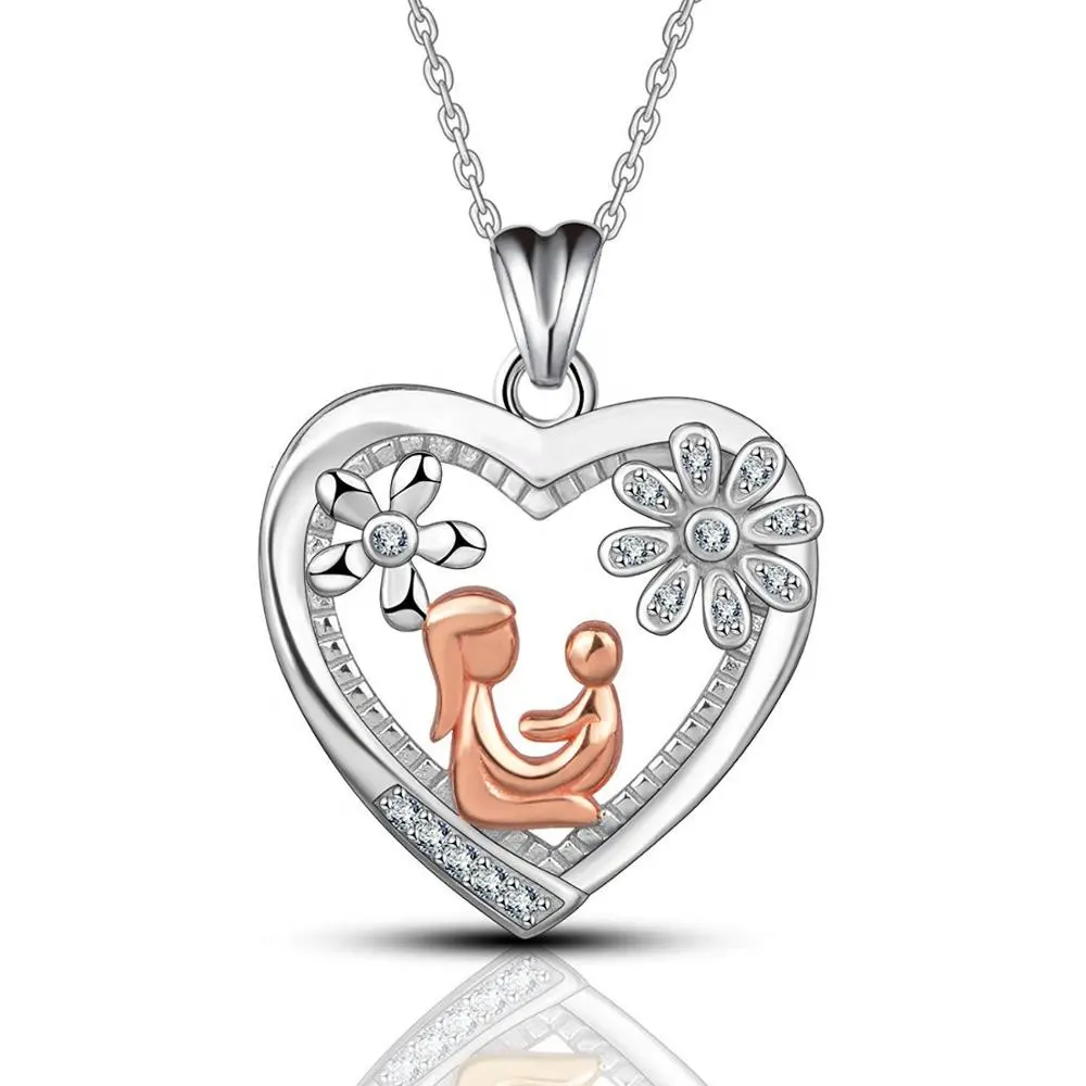 925 Sterling Silver Mother And Child Love Heart Mommy And Me Pendant Necklace Jewelry