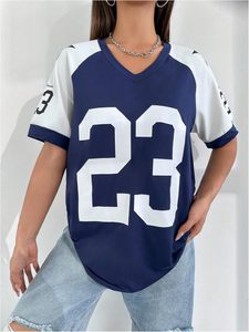 Camiseta de media manga con cuello en V y bloque de Color para mujer, camiseta de baloncesto, ropa de calle informal, Top - Product Image 5