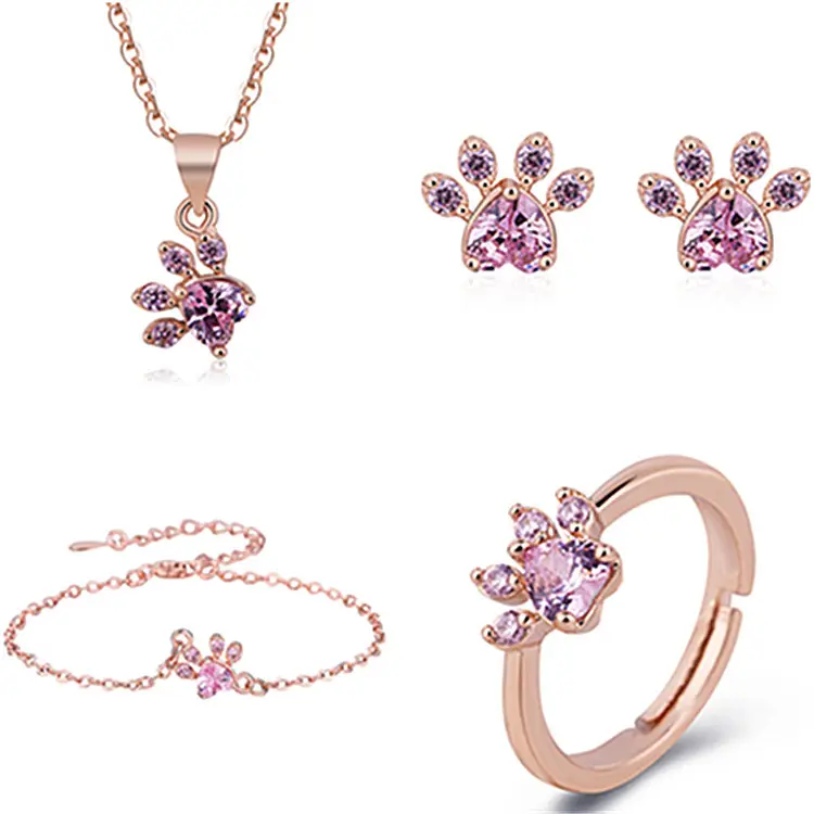 BINSHUO Rose Gold Plated Adjustable Pink Diamond Promise Cat Paw Heart-shaped Footprint Necklace Earring Stud Bracelet Ring Set