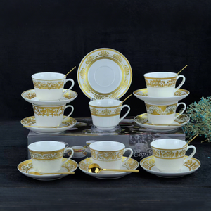 Set Regalo di 12 Tazze e Piattini in Ceramica Dorata di Lusso Personalizzabili, Tazze da Tè in Porcellana Tradizionale Mediorientale con Piattini - Product Image 3