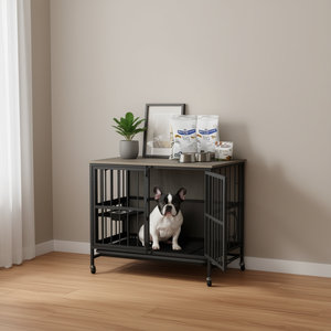 Mueble Moderno para Perros con Rotación de 360 Grados, Doble Puerta, Casa para Mascotas de Metal para Interiores con Comederos, Tamaño Mediano - Product Image 2