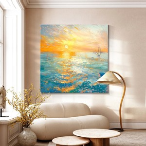 Peinture à l'huile soleil levant sur toile, art abstrait 3D fait main, décoration paysagère pour salon et mur de canapé - Product Image 1