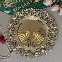 Assiettes de présentation rondes en plastique doré, motif récif, en vrac, pour dîner et mariage, sûres pour les aliments, 13 pouces, bord noir floral, vaisselle jetable