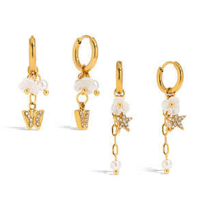 Pendientes de Aro con Perlas, Colgante de Mariposa y Estrella en Tono Dorado con Circonita y Perla para Uso Diario - Product Image 1