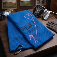 Serviette de golf personnalisée en microfibre gaufrée, broderie cœur de golfeur, couleur unie, écologique, séchage rapide, avec mousqueton métallique