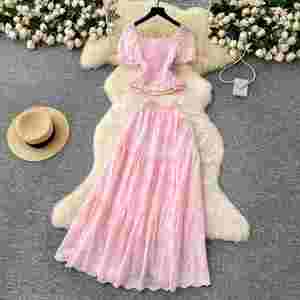 Conjuntos Romanos para Mujer, Blusa de Manga Abullonada con Cuello Cuadrado y Falda de Cintura Alta, Ropa al por Mayor - Product Image 4