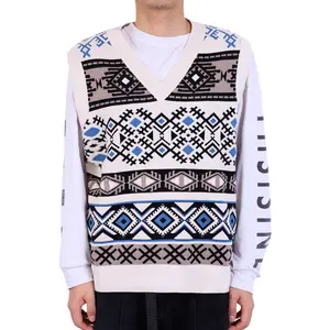 Custom OEM & ODM men sweater vest pullover V-neck Jacquard crew neck Sleeveless knit top designer sweater men vest