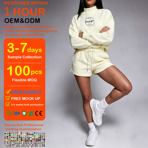 Conjunto de Sudadera y Pantalones Cortos de Felpa de 330 g/m² con Bloques de Color y Cuello Alto para Mujer, Ideal para Gimnasio y Actividades al Aire Libre, con Bordado de Cadena Personalizado - Product Image 1
