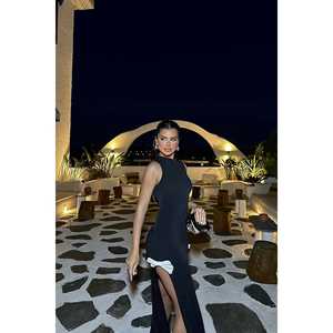 Robe de soirée longue noire coupe trapèze avec nœud, taille empire, col montant, style formel, longueur ras du sol, pour demoiselle d'honneur ou mariée, taille XS - Product Image 4