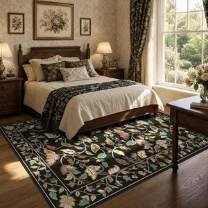 6x9 Schwarzer <span class=keywords><strong>Vintage</strong></span> Blumen- und Blättermuster Botanischer Teppich, kinderfreundlich, niedriger Flor, waschbar, rutschfest, für Wohnzimmer und Heimdekoration - Product Image 1