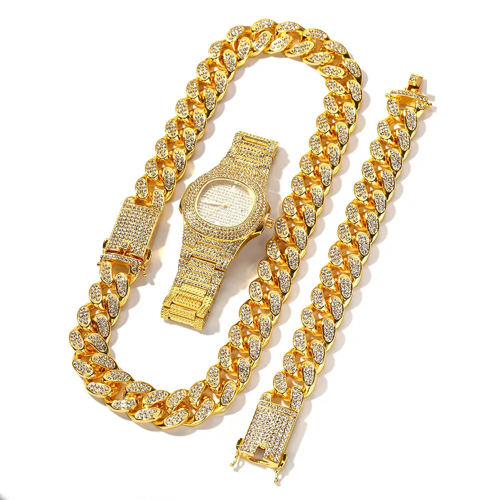 3Pcs/Set Men's Hips Hops Gold Plating Zircon Diamond Watch Set Bling Bling Rhinestone Crystal Cuban Chain Necklace Bracelet