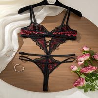 Ensemble de Lingerie Sexy en Dentelle Florale Rouge et Noire pour Femme, Soutien-Gorge à Armatures, String Croisé Sans Entrejambe, Sous-vêtements de Nuit Transparents – Vente en Gros