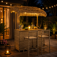 Ensemble de bar de jardin en rotin tressé de style Tiki avec toit en chaume, 2 tabourets de bar et structure en acier