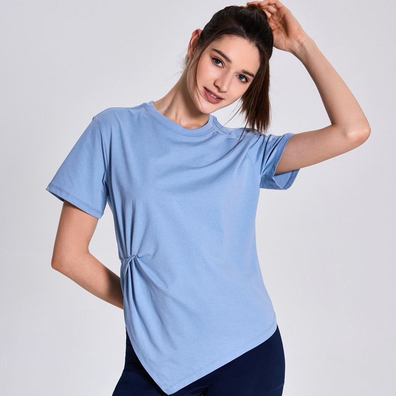 TRMA 95% Polyester 5% Spandex Side Knot Women Sports T-shirt Quick Dry Slim Fit Athletic Fitness Top for Yoga Gym Running