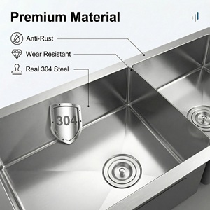 Lavello da <span class=keywords><strong>cucina</strong></span> rettangolare a doppia vasca in acciaio inox 304, fatto a mano, dal design moderno, con superficie lucida, da incasso. - Product Image 3